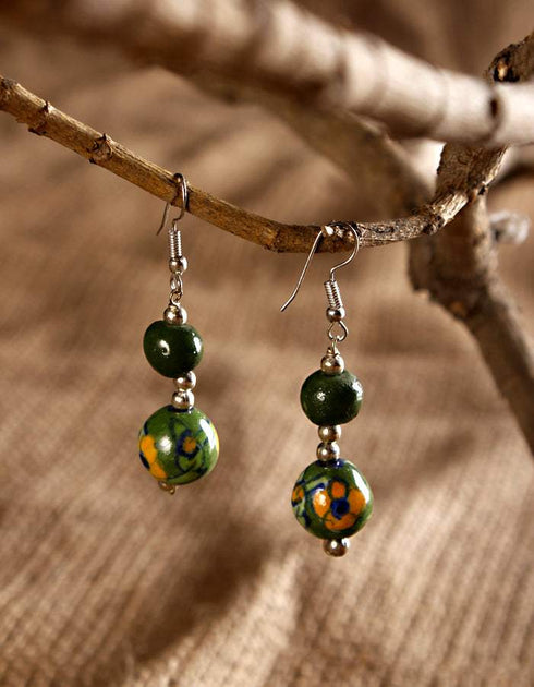 Blue Pottery 2 Bead Earring (Green)